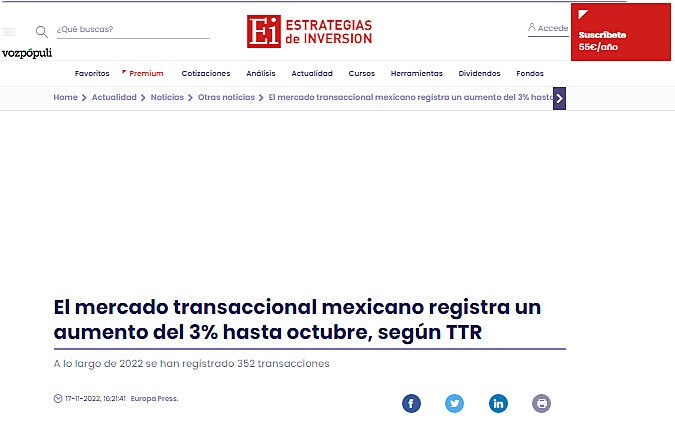 El mercado transaccional mexicano registra un aumento del 3% hasta octubre, segn TTR
